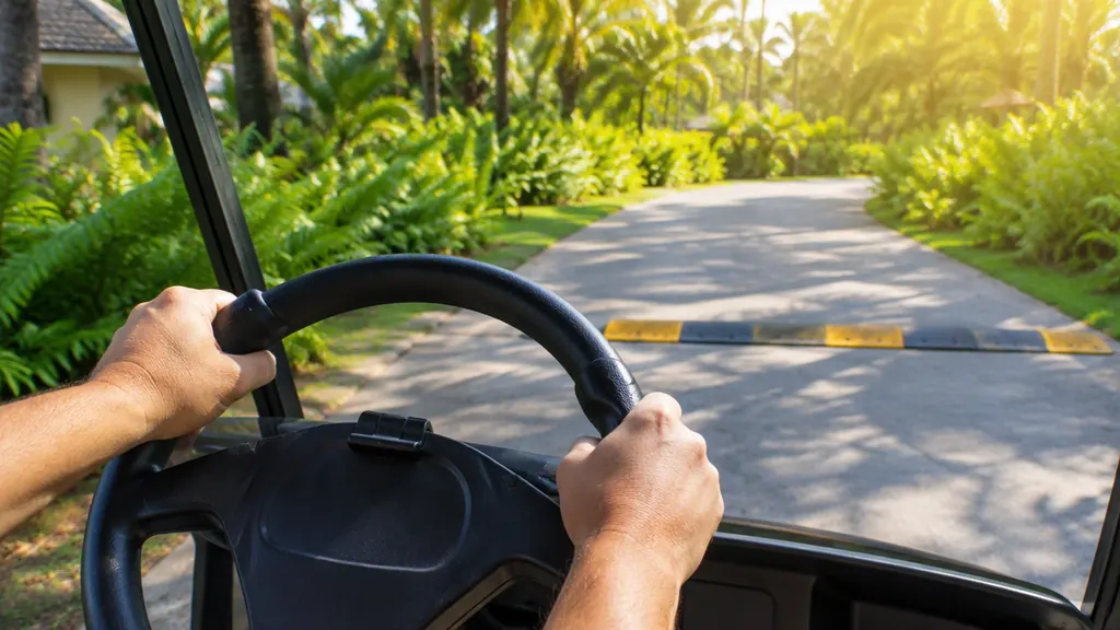 Driver steering a golf cart slowly on a quiet resort road in Costa Rica
