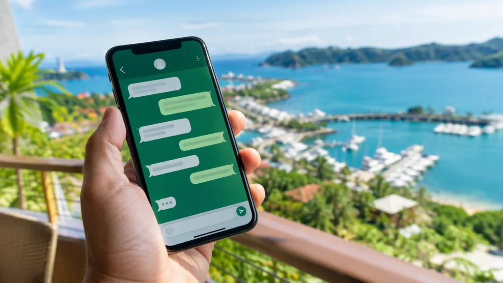 Reserving a Los Sueños golf cart rental on WhatsApp from a balcony