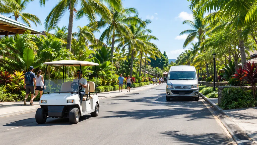 Golf cart and shuttle transportation options on a Costa Rica resort road